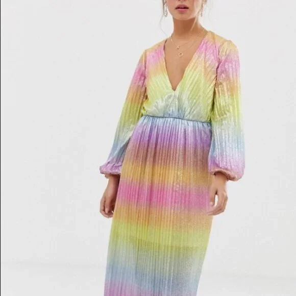 ASOS Glitter Ombré Rainbow Midi Dress Long Sleeves - Picture 2 of 10